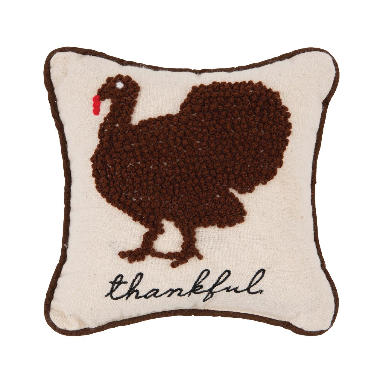 Thankful Turkey French Knot Thanksgiving Small/Petite Accent Pillow, 8" x 8"